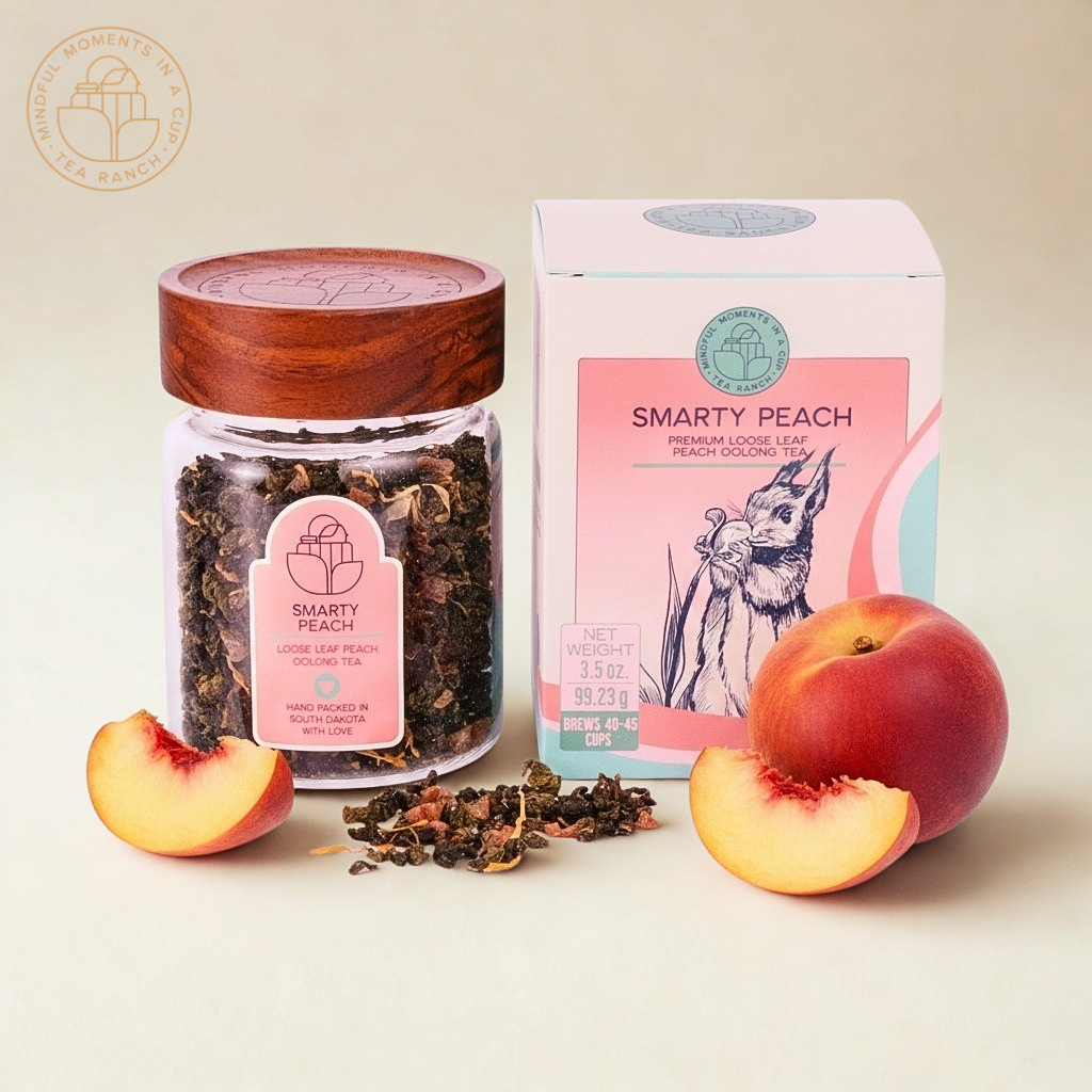 Premium glass jar for storing loose-leaf tea A premium glass jar with real acacia wood lid filled with loose-leaf peach oolong tea next to the tea's packaging featuring an illustrated squirrel