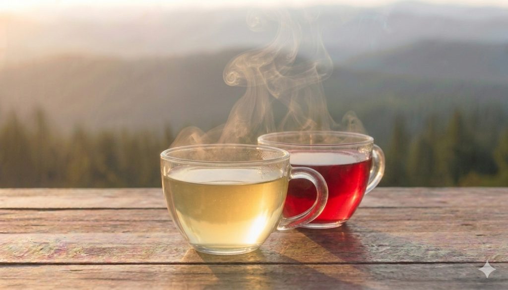 Herbal Tea Collection Two clear glass teacups filled with steaming red hibiscus and light green loose-leaf tea on a rustic wooden table surface.