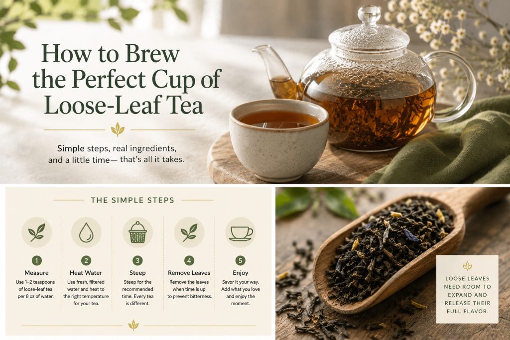 How to Brew the Perfect Cup of Loose-Leaf Tea Illustrated guide showing how to brew the perfect cup of loose-leaf tea with a glass teapot, ceramic teacup, brewing steps, and premium loose-leaf tea.