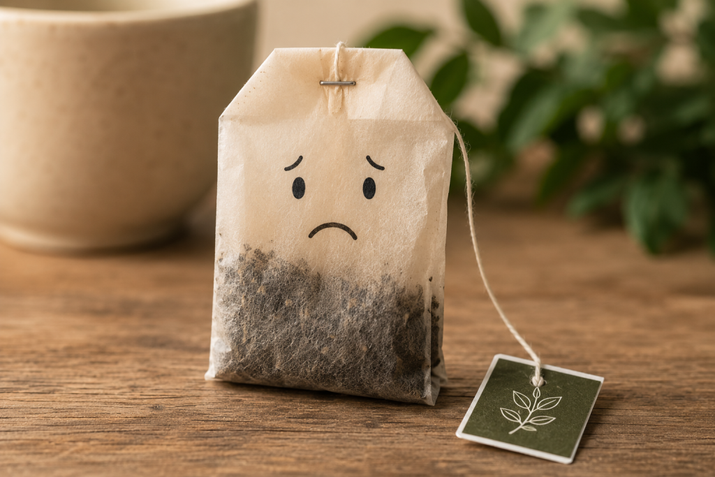 Illustration of a sad tea bag representing the limitations of tea bags compared to loose-leaf tea for flavor, aroma, and brewing quality.