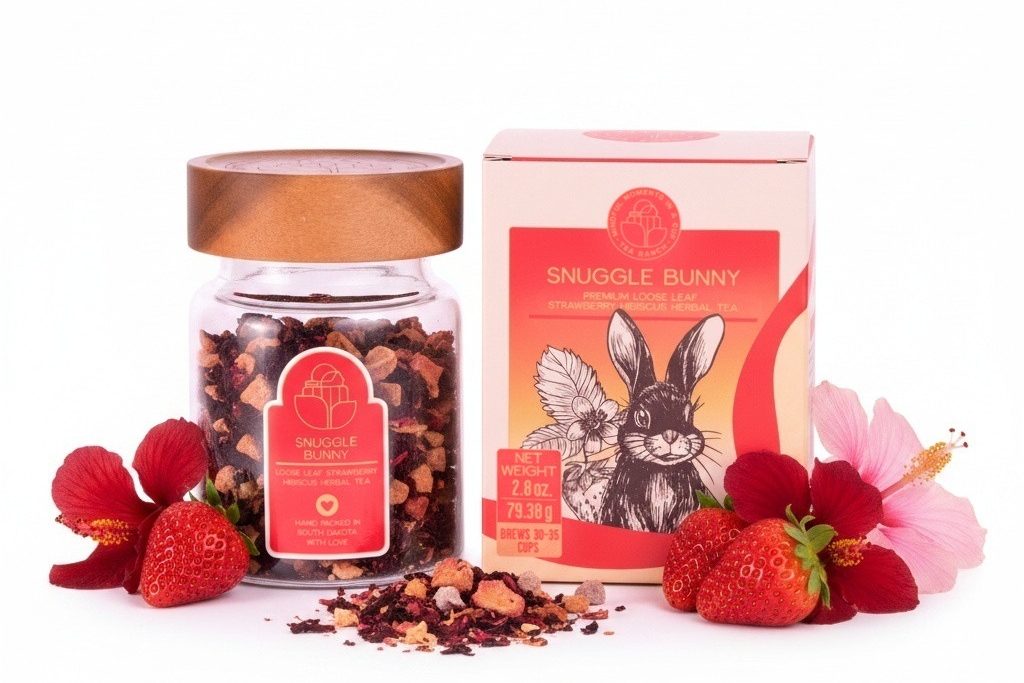Snuggle Bunny Loose-Leaf Strawberry Hibiscus Tea A strawberry hibiscus tea in a jar with packaging