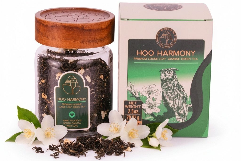 Premium Loose-Leaf Jasmine Green Tea in Gift Jar A glass jar of loose-leaf jasmine green tea next to packaging with an owl on the cover