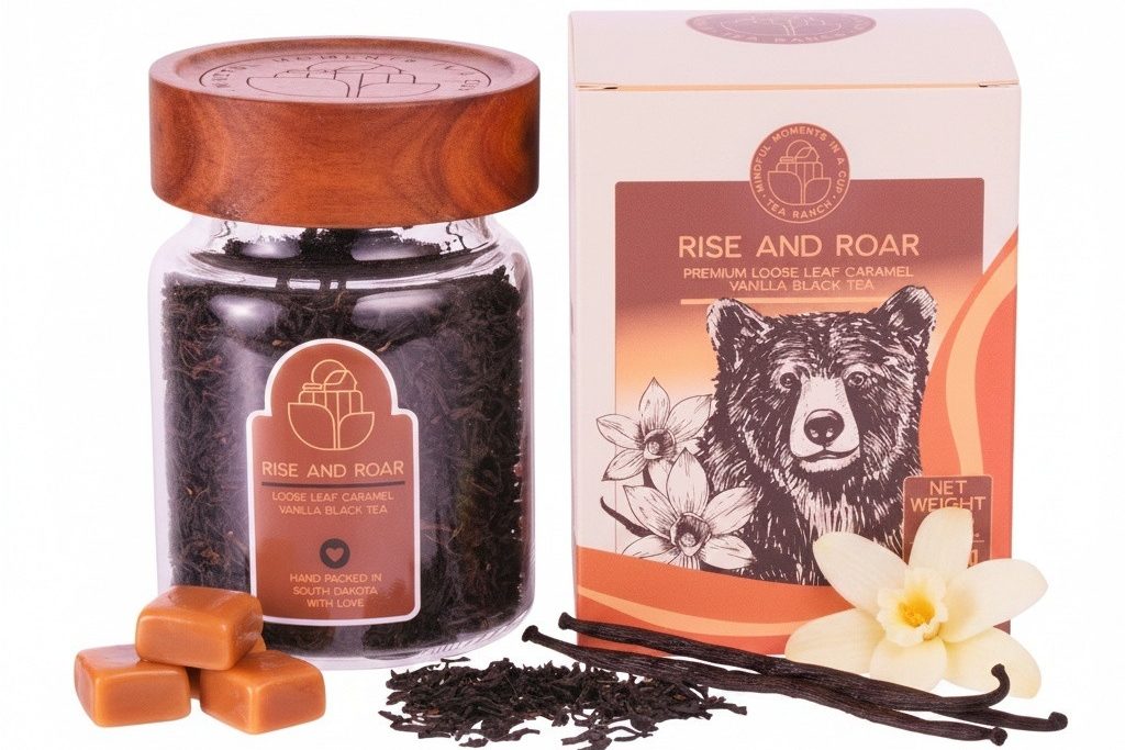Caramel Vanilla Loose-Leaf Tea A glass jar of black dessert tea with caramel vanilla flavor next to loose-leaf tea packaging