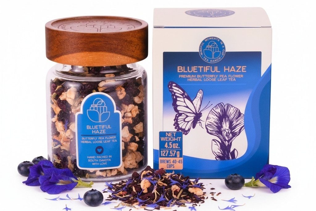 Blue loose-leaf butterfly pea flower tea in gift jar A glass jar of loose-leaf butterfly pea flower tea with packaging that has a butterfly on its cover