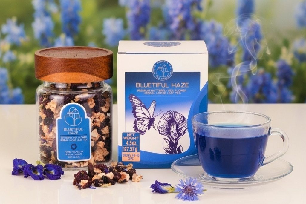 Butterfly Pea Flower Tea Color Change Butterfly pea flower tea changing from brilliant blue to purple after fresh lemon juice is added.