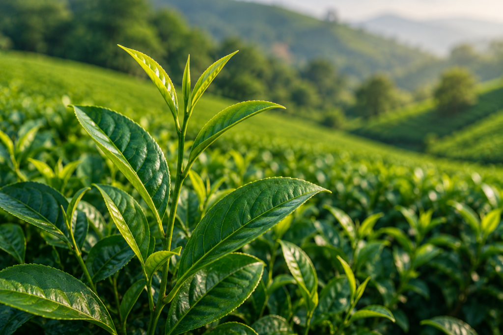 Camellia sinensis Tea Plant Fresh Camellia sinensis tea leaves growing in a tea garden, the plant naturally used to produce black, green, white, and oolong tea.