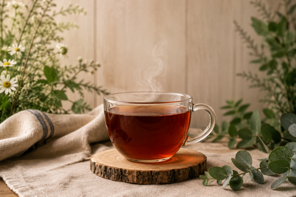 Freshly Brewed Black Tea Steaming cup of freshly brewed black tea, one of the naturally caffeinated teas made from the Camellia sinensis plant.