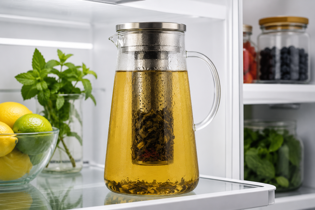 Loose-leaf tea cold brewing in a glass pitcher inside a refrigerator using a built-in infuser basket.