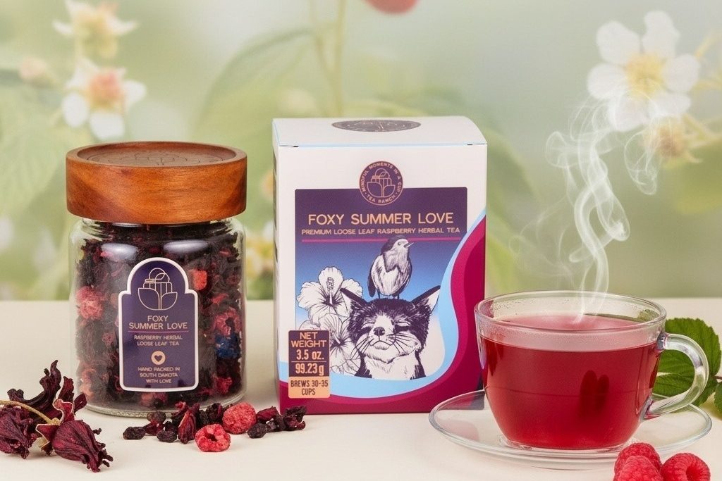 Foxy Summer Love Raspberry Hibiscus Herbal Tea Tea Ranch Foxy Summer Love Raspberry Hibiscus Herbal Tea in a reusable glass jar with matching gift box, surrounded by raspberries and hibiscus flowers.