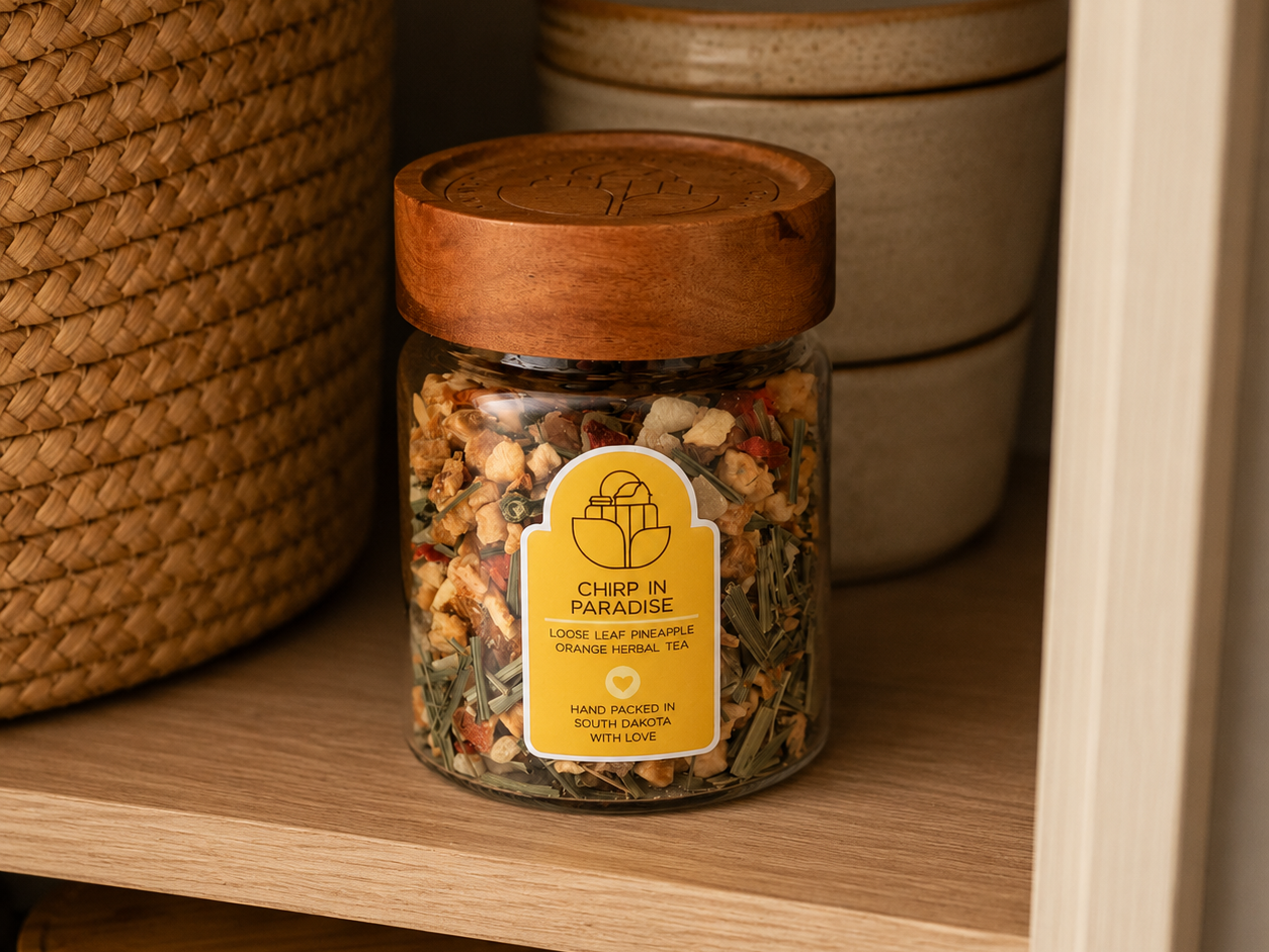 Loose-leaf tea stored in a sealed glass jar with an acacia wood lid inside a cool, dark pantry to preserve freshness.