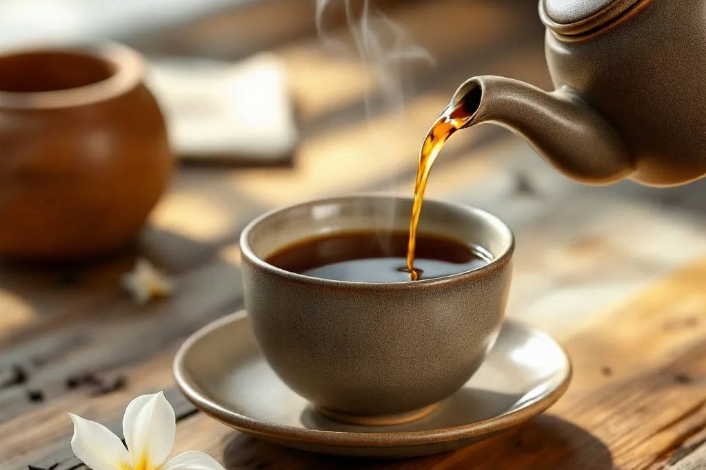 Brewing the Perfect Cup of Loose-Leaf Tea Freshly brewed loose-leaf tea being poured from a teapot into a ceramic cup, illustrating proper brewing before enjoying a flavorful cup.