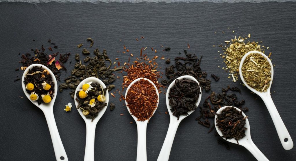 Loose-Leaf Tea Measuring Guide Assorted loose-leaf teas including black, green, oolong, rooibos, pu-erh, and herbal blends displayed in ceramic spoons to illustrate that different tea types vary in leaf size and density.