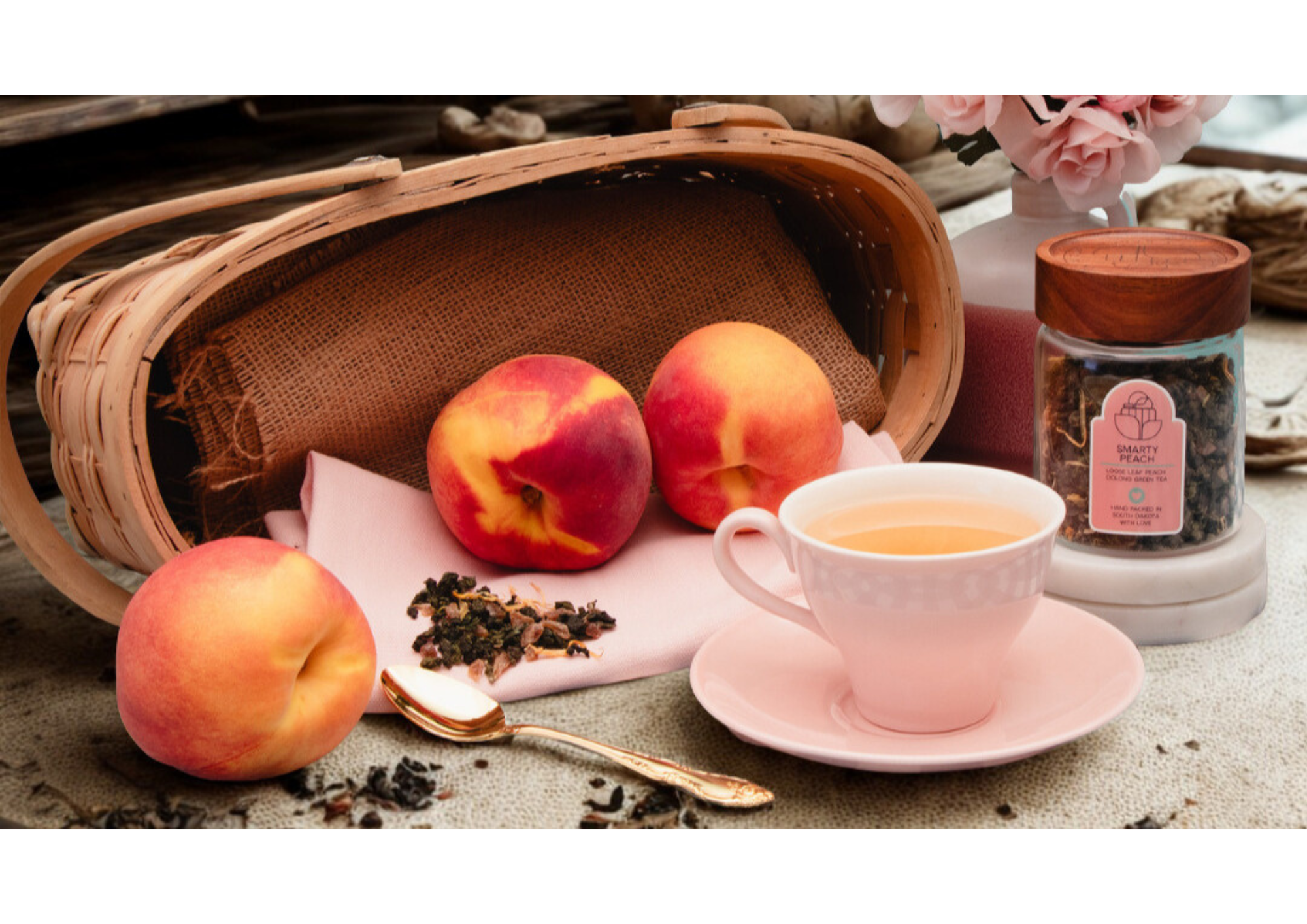 Savoring the Tea Ritual Tea Ranch Smarty Peach loose-leaf peach oolong tea served with fresh peaches in a cozy setting, highlighting the calming ritual of slowing down to enjoy a cup of tea.