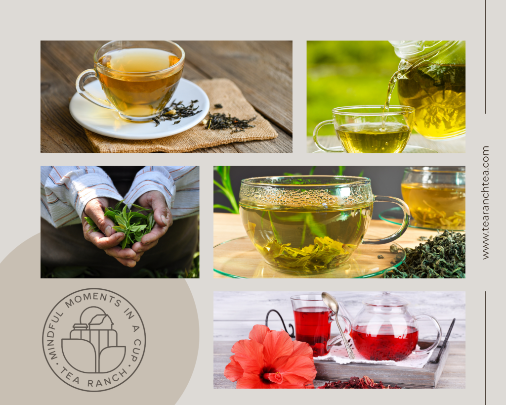 Watching Loose-Leaf Tea Unfurl Collage showing loose-leaf tea being brewed, tea leaves unfurling in hot water, freshly picked tea leaves, and colorful herbal infusions that celebrate the beauty of the tea brewing ritual.