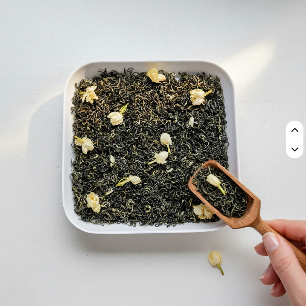 Close-up of loose-leaf jasmine green tea blended with delicate jasmine blossoms, showing the curled tea leaves and floral ingredients used to create its naturally fragrant aroma.