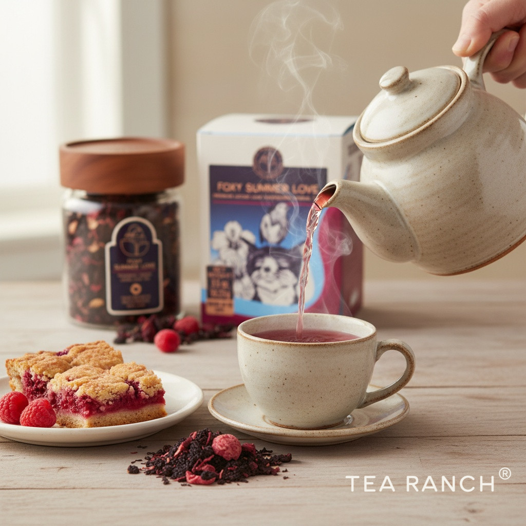 Premium Loose-Leaf Tea with Whole Ingredients A steaming cup of Tea Ranch Foxy Summer Love raspberry hibiscus loose-leaf tea served beside the reusable glass jar and packaging, illustrating the rich color and whole ingredients found in premium loose-leaf tea.