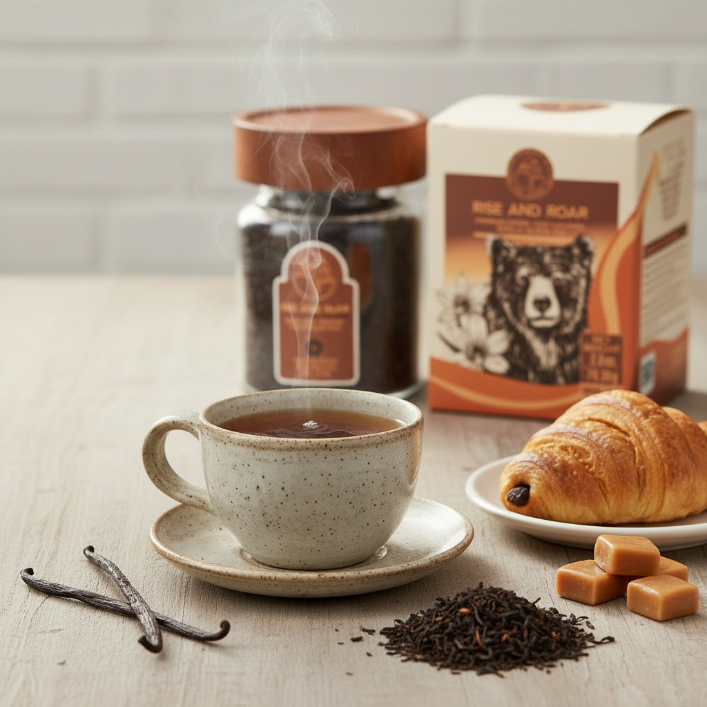 Tea Ranch Rise & Roar Caramel Vanilla Black Tea Freshly brewed Tea Ranch Rise & Roar caramel vanilla black loose-leaf tea being poured into a ceramic cup beside the reusable glass jar, premium packaging, vanilla beans, caramel pieces, and a buttery croissant.