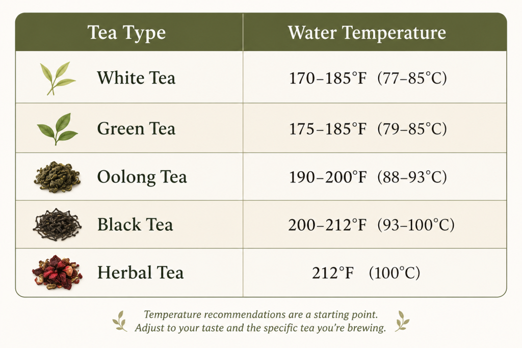 Infographic showing recommended water temperatures for brewing white, green, oolong, black, and herbal loose-leaf teas.