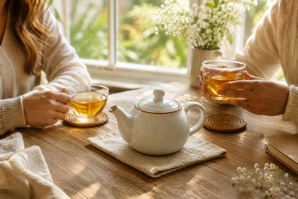 Sharing Loose-Leaf Tea with Friends – Tea makes a great gift for special occasions Two people enjoying freshly brewed loose-leaf tea together, illustrating how tea creates meaningful moments and makes a thoughtful gift.