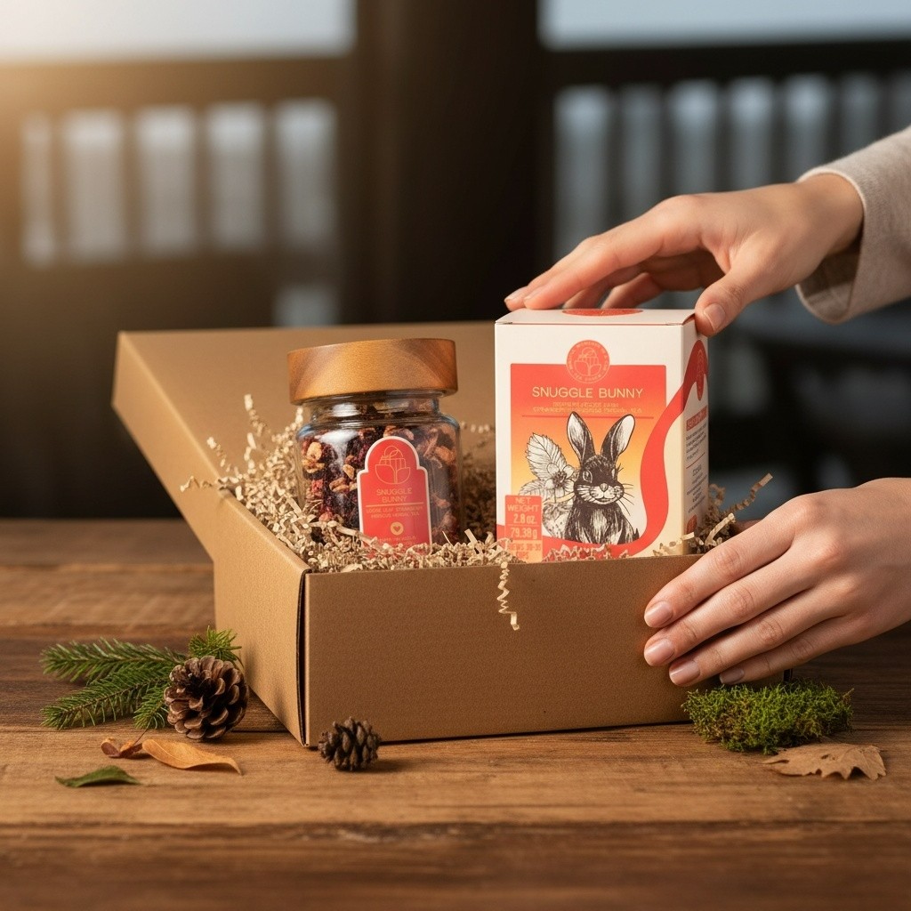 Thoughtful Loose-Leaf Tea Gift Box Hands placing a Tea Ranch loose-leaf tea gift into a kraft gift box, creating a thoughtful gift for tea lovers.