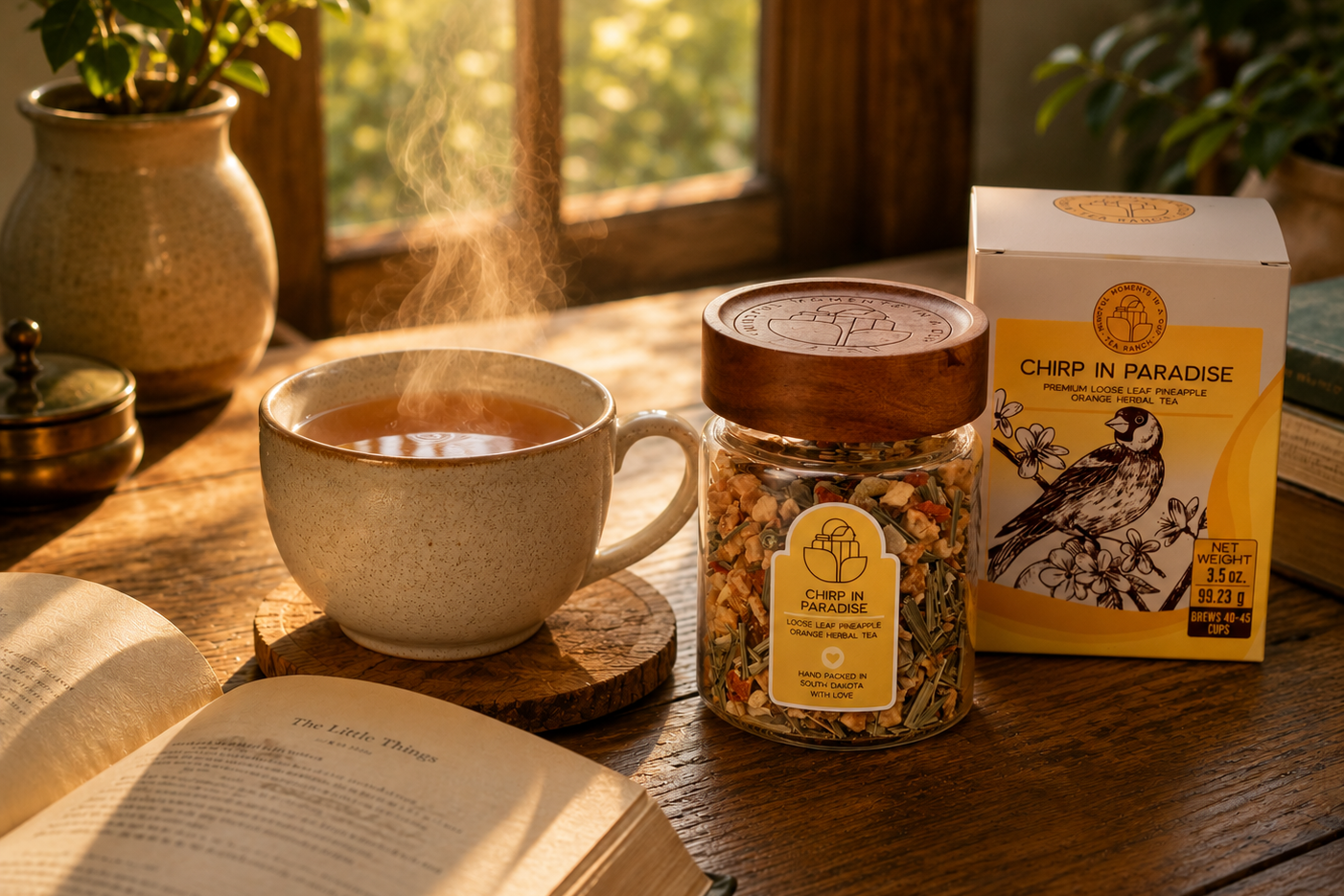 Keeping Loose-Leaf Tea Fresh Longer Cup of freshly brewed herbal tea beside Tea Ranch Chirp in Paradise loose-leaf tea packaged in an airtight glass jar for long-lasting freshness.