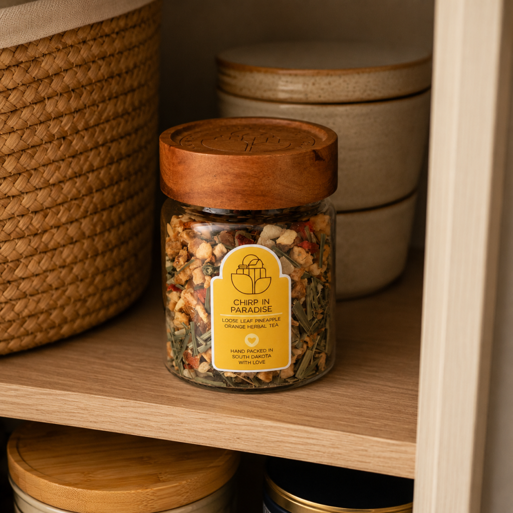 Airtight Glass Jar for Loose-Leaf Tea Storage Tea Ranch Chirp in Paradise loose-leaf herbal tea stored in a reusable glass jar with a wooden lid to help preserve freshness.