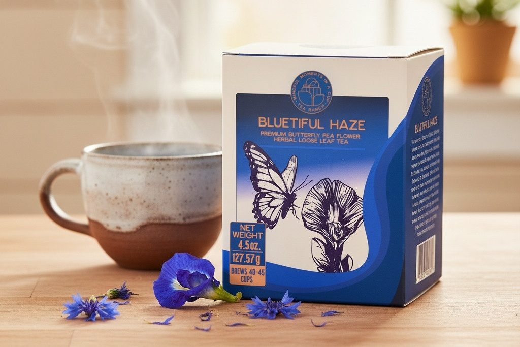 Tea Ranch Bluetiful Haze butterfly pea flower herbal tea beside a steaming cup, celebrating butterflies and raising awareness about pollinator conservation.