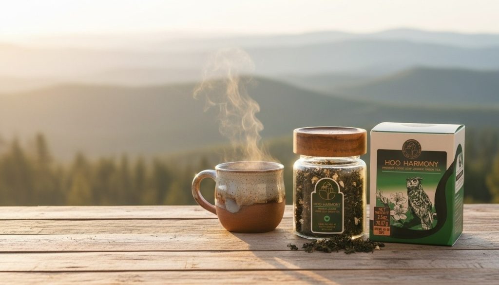 Tea Ranch Hoo Harmony premium jasmine green tea beside a steaming cup overlooking a peaceful mountain landscape, inspired by the quiet wisdom of owls and mindful moments.