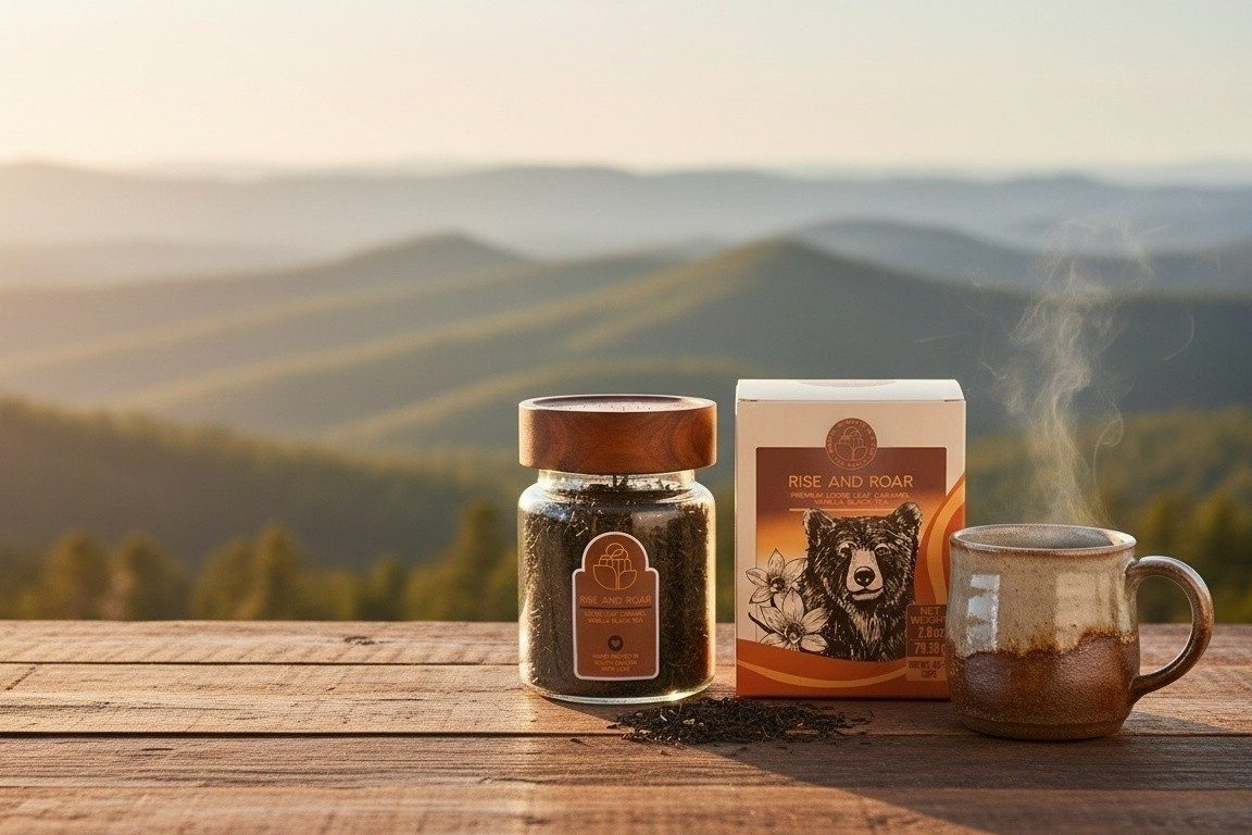 Rise & Roar Loose-Leaf Black Tea Inspired by Bears Tea Ranch Rise & Roar caramel vanilla loose-leaf black tea displayed beside a steaming mug with a peaceful mountain landscape, inspired by the quiet strength of bears.