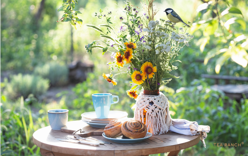 Cup of tea on a garden table overlooking a peaceful garden at sunrise. Cup of tea on a garden table overlooking a peaceful garden at sunrise.