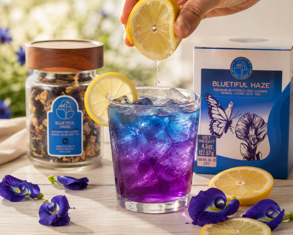 Bluetiful Haze butterfly pea flower iced tea changing from blue to purple as fresh lemon juice is squeezed over ice.