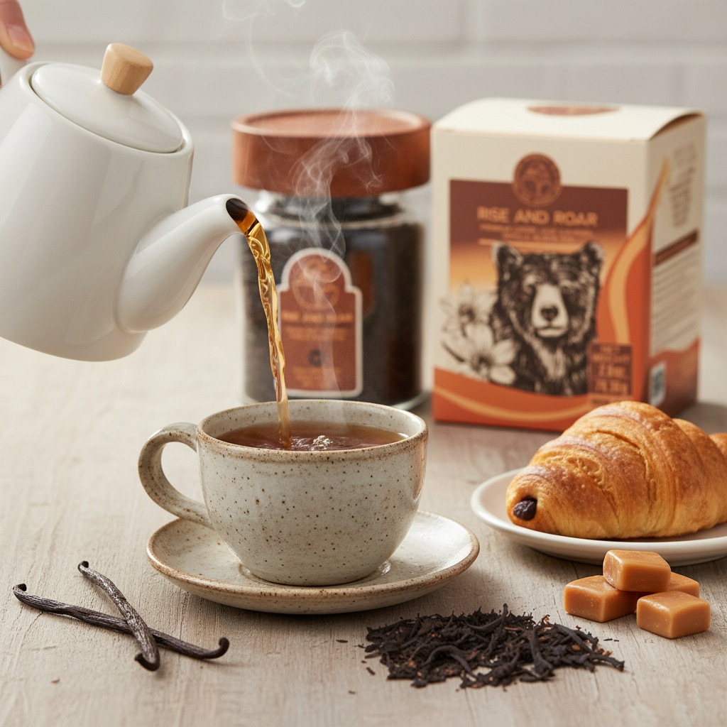 Tea Pairing Guide – Rise & Roar Caramel Vanilla Black Tea with Croissant Rise & Roar caramel vanilla black loose-leaf tea paired with a buttery croissant and caramel candies for a comforting breakfast tea pairing.