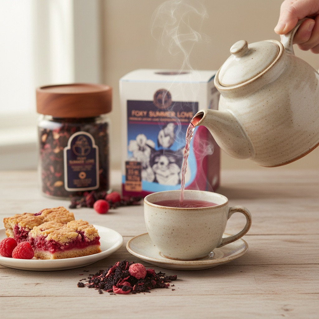 Tea Pairing Guide – Foxy Summer Love Raspberry Herbal Tea with Raspberry Bars Foxy Summer Love raspberry herbal loose-leaf tea paired with raspberry crumb bars for a naturally fruity tea and dessert combination.