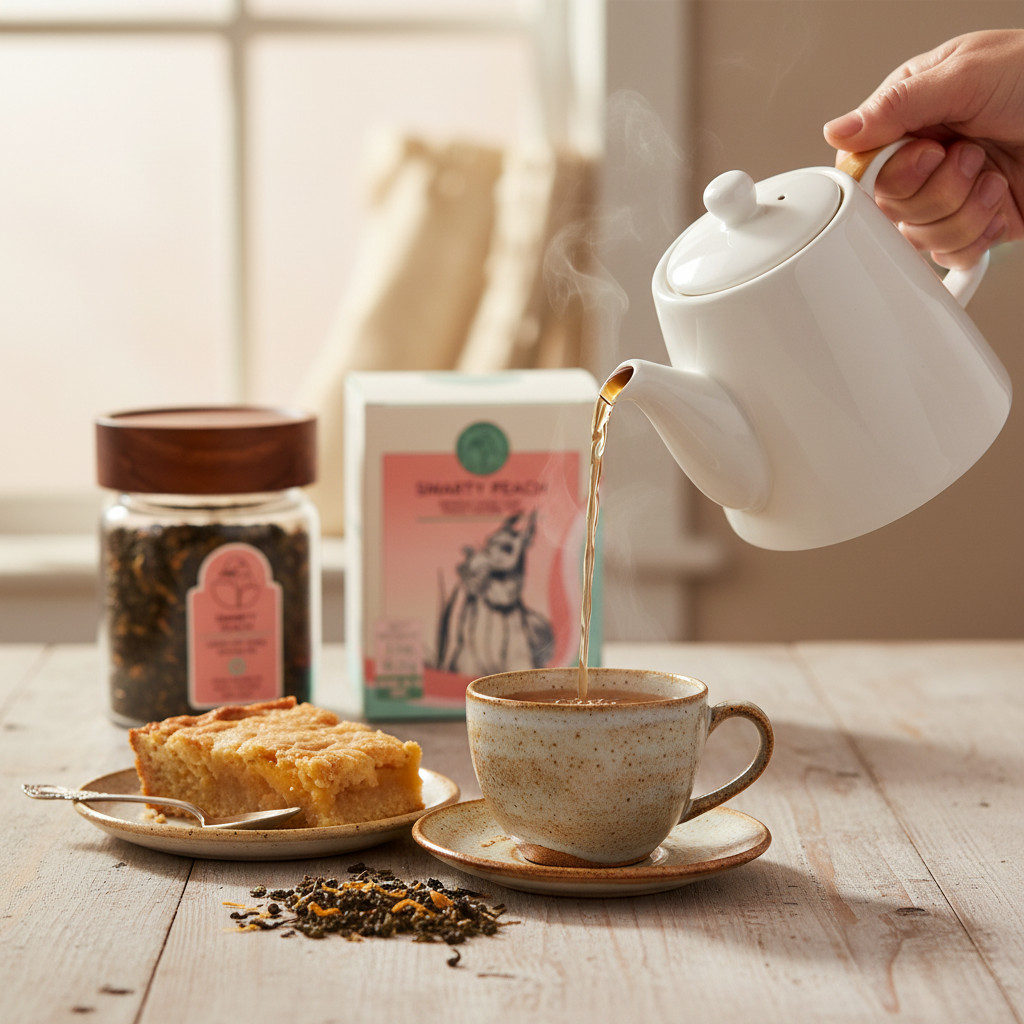 Tea Pairing Guide – Smarty Peach Peach Oolong Tea with Peach Dessert Smarty Peach peach oolong loose-leaf tea paired with a fresh peach dessert, showcasing one of the best food pairings for oolong tea.