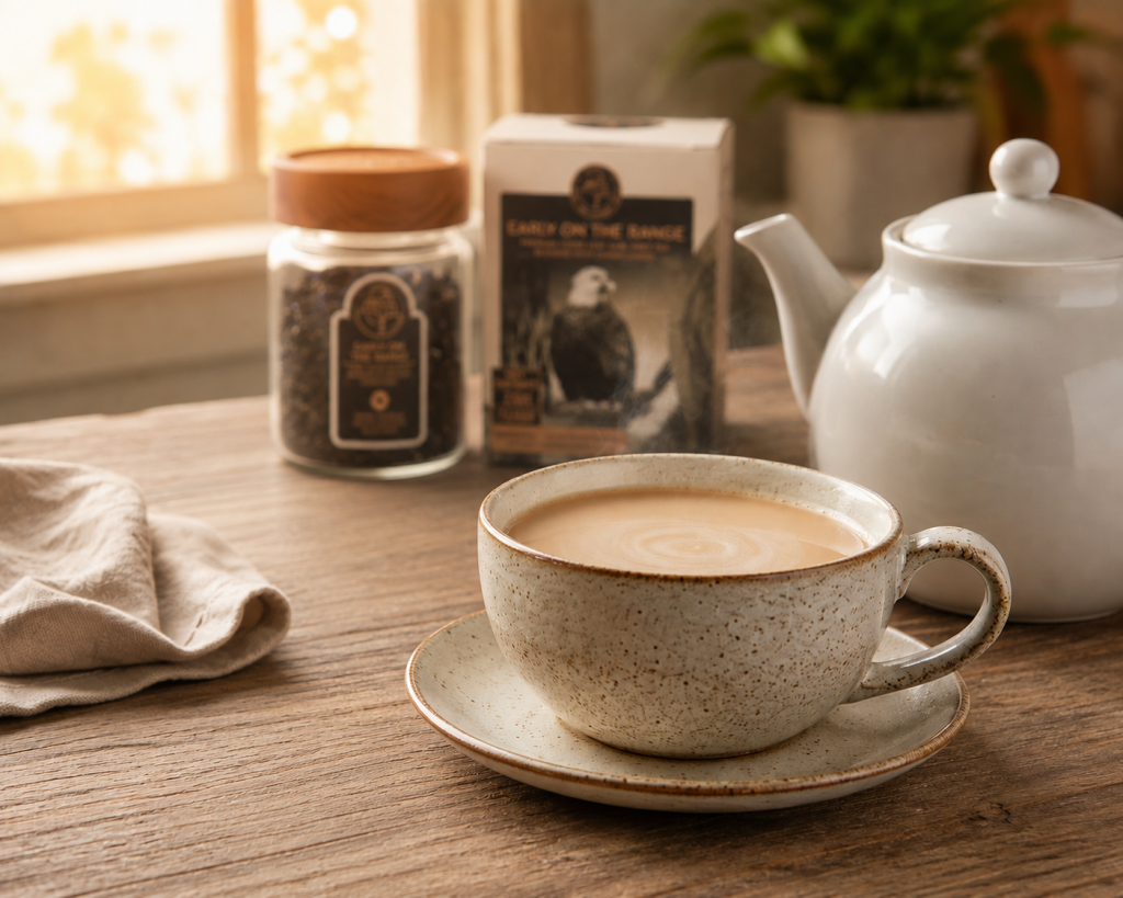 How to Make a Tea Latte at Home with Loose-Leaf Earl Grey Tea | Tea Ranch Steaming Earl Grey loose-leaf tea latte with a white teapot and Tea Ranch Early on the Range tea in a cozy kitchen with warm morning light.