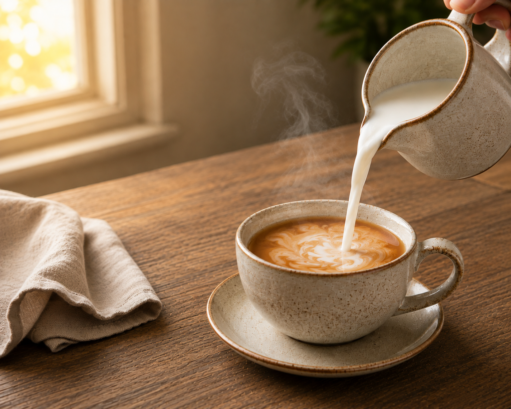How to Make an Earl Grey Tea Latte with Steamed Milk | Tea Ranch Steamed milk being poured into a homemade Earl Grey tea latte with Tea Ranch Early on the Range loose leaf tea in the softly blurred background.