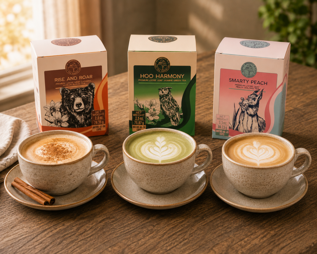 Loose-Leaf Tea Latte Ideas with Caramel Vanilla Black Tea, Jasmine Green Tea, and Peach Oolong Three homemade loose-leaf tea lattes including caramel vanilla black tea, jasmine green tea, and peach oolong tea served in ceramic cups.