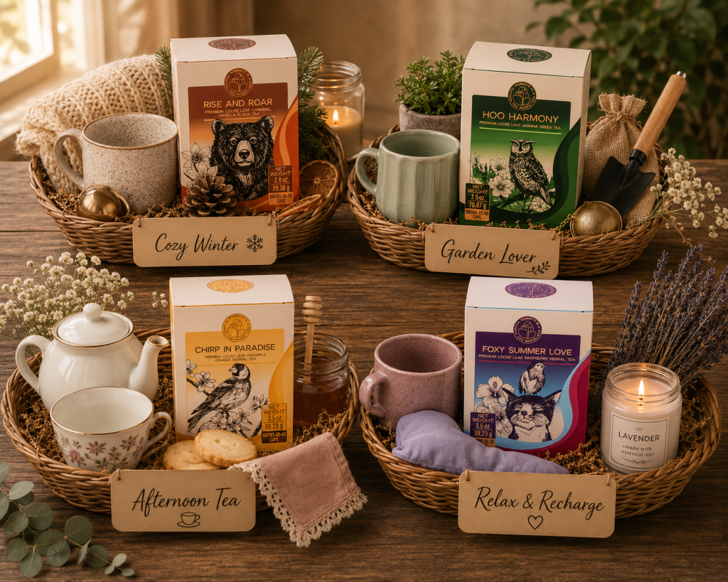 DIY Tea Gift Basket Ideas – Four Themed Tea Ranch Gift Basket Inspirations Four themed DIY tea gift baskets featuring Tea Ranch loose-leaf tea gift boxes with curated accessories for Cozy Winter, Garden Lover, Afternoon Tea, and Relax & Recharge gift ideas.