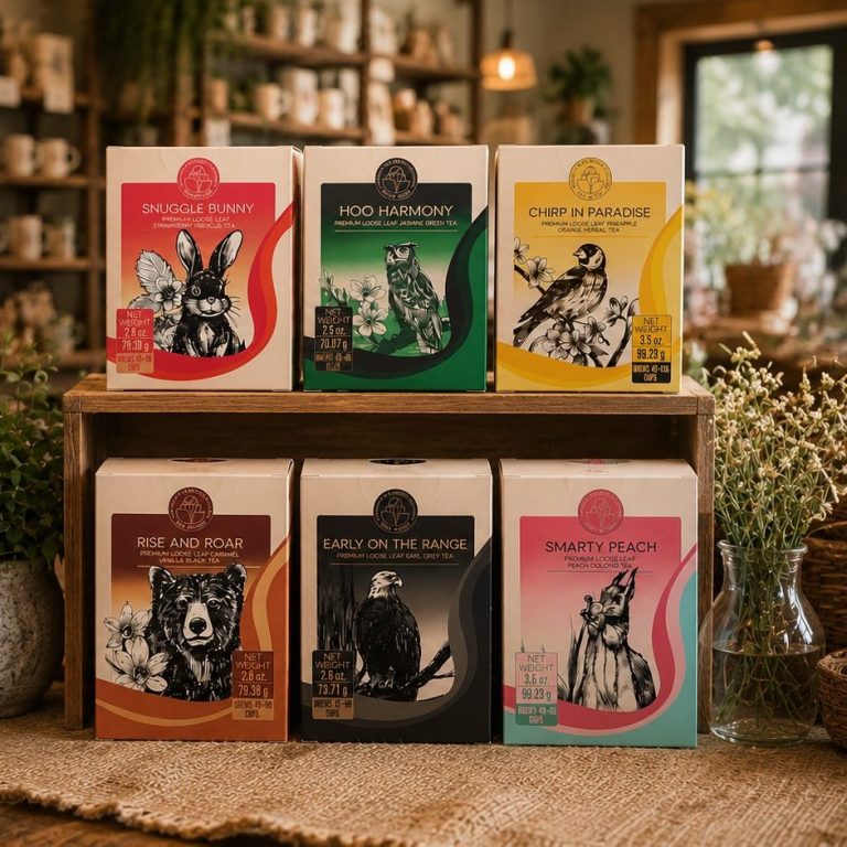 Premium animal-inspired loose leaf tea Assorted loose leaf tea blends featuring various animal illustrations on display.