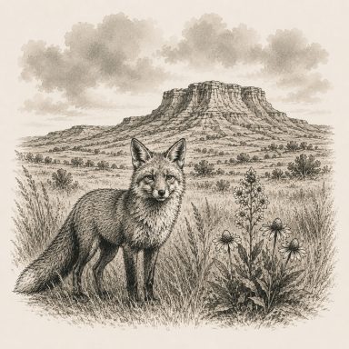 Illustration of a fox on the South Dakota prairie representing Tea Ranch's family-owned roots