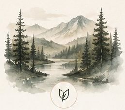 Mountain landscape with evergreen forest and peaceful lake representing Tea Ranch's inspiration from nature.