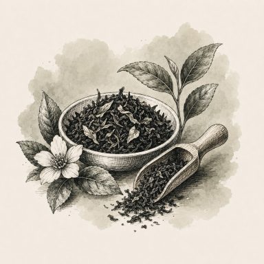 Illustration of loose-leaf tea leaves and a teacup representing Tea Ranch's premium loose-leaf tea