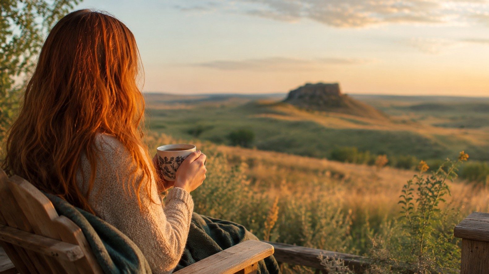 A peaceful lifestyle photograph showing a person relaxing with a cup of tea while overlooking the rolling prairie landscape of western South Dakota during golden sunset. The image reflects Tea Ranch's commitment to slowing down, connecting with nature, and creating meaningful moments through premium loose-leaf tea. Person enjoying a cup of tea while overlooking the peaceful South Dakota prairie at sunset.